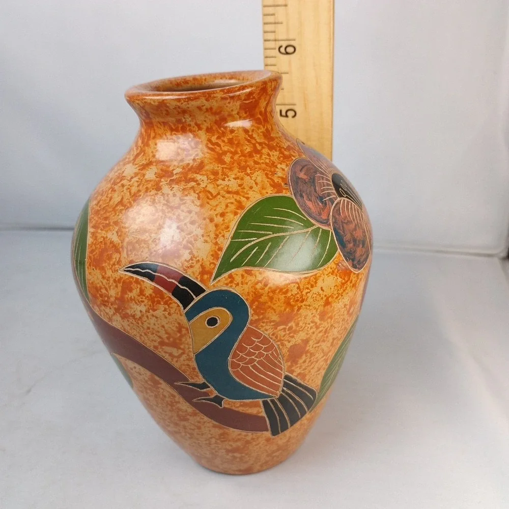 Handmade Pottery Vase Red Clay Toucans And Flowers Etched 5.5